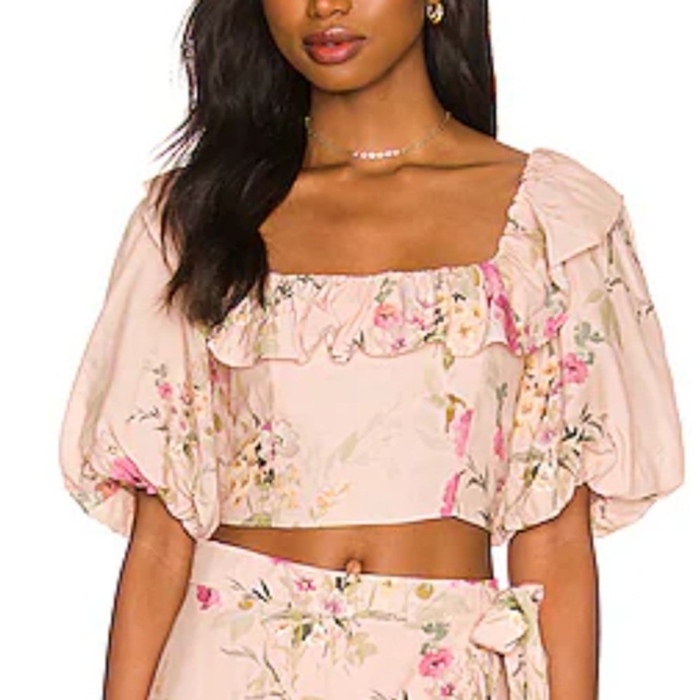 Yumi Kim Ramona Top Its Magic Blush Pink Floral Ruffle Puff Sleeve‎ Crop XXS